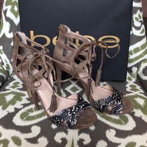 Bebe light brown snake print stilettos